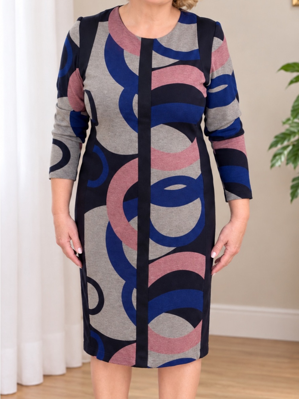 Skarlett Blue Long Sleeve Abstract Circle Print Dress - Blue/Gray/Pink